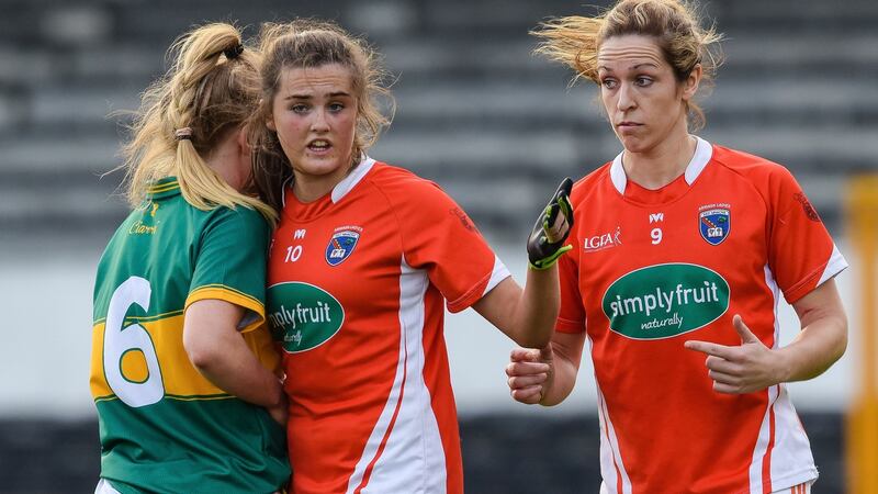 Armagh’s Aimee Mackin and Ciara Murphy of Kerry tussle off the ball. Photograph: Tom Beary/Inpho