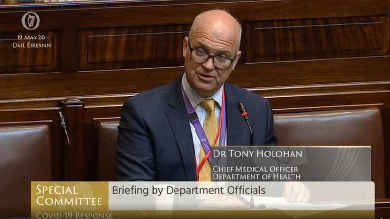 The State’s chief medical officer, Tony Holohan, appearing before the special Covid-19 committee at Leinster House. Photograph: Oireachtas TV/PA Wire