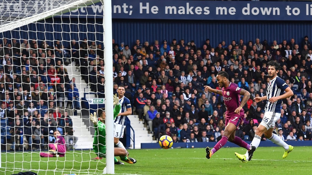 Raheem Sterling scores Manchester City’s third against West Brom. Photograph: Anthony Devlin/PA