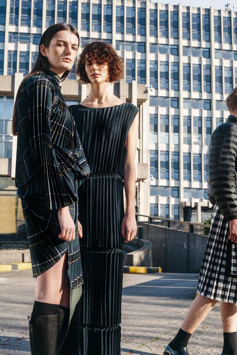 Pleated dress Junya Watanabe at Havana 1620, green dress underneath stylist's own. Boots by Anne Demeulemeester 980 from Havana. Dress Cos 175,