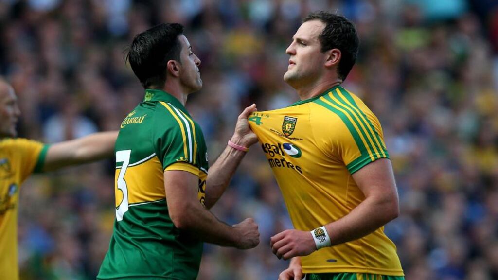 Kerry’s Aidan O’Mahony clashes with Donegal’s Michael Murphy during last Sunday’s All-Ireland final at Croke Park. Photograph: Donall Farmer/Inpho