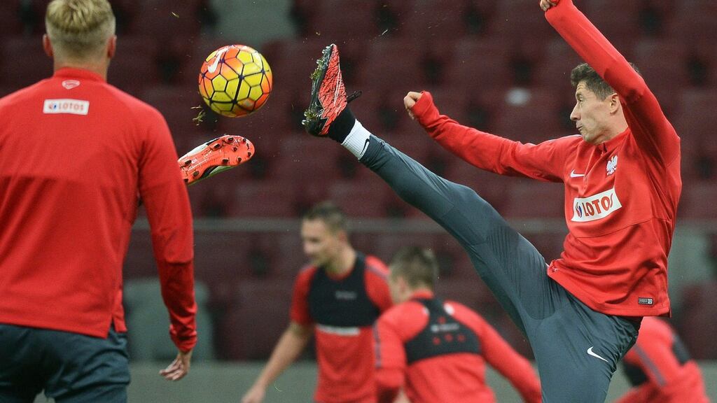Polish striker Robert Lewandowski during his team’s training session in Warsaw on Tuesday. Photograph: EPA