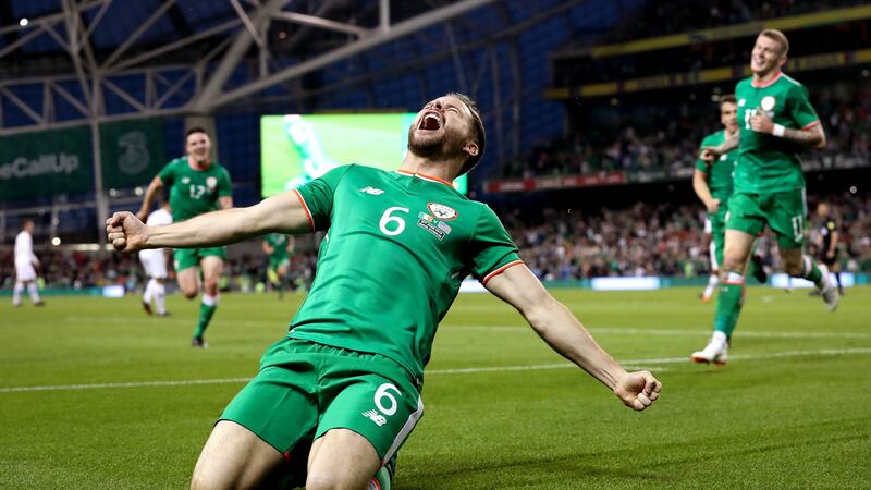 Ireland’s Alan Judge celebrates scoring his late winner against the USA at the Aviva Stadium. Photograph: Ryan Byrne/Inpho