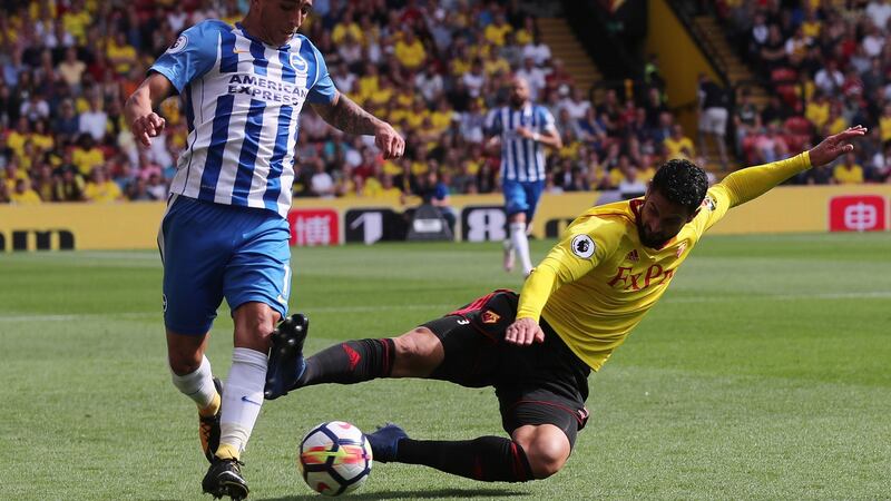 Miguel Britos was shown a straight red for his challenge on Brighton’s Anthony Knockaert. Eddie Keogh/Reuters