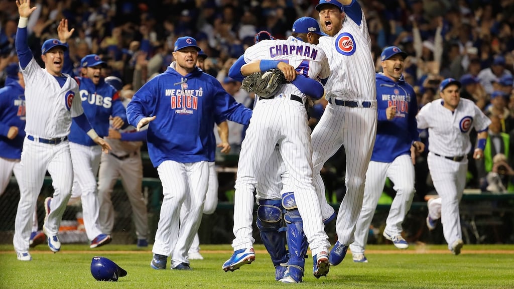 The Chicago Cubs celebrate defeating the Los Angeles Dodgers 5-0 in game six of the National League Championship Series to advance to the World Series against the Cleveland Indians at Wrigley Field in Chicago, Illinois. Photograph: Getty Images