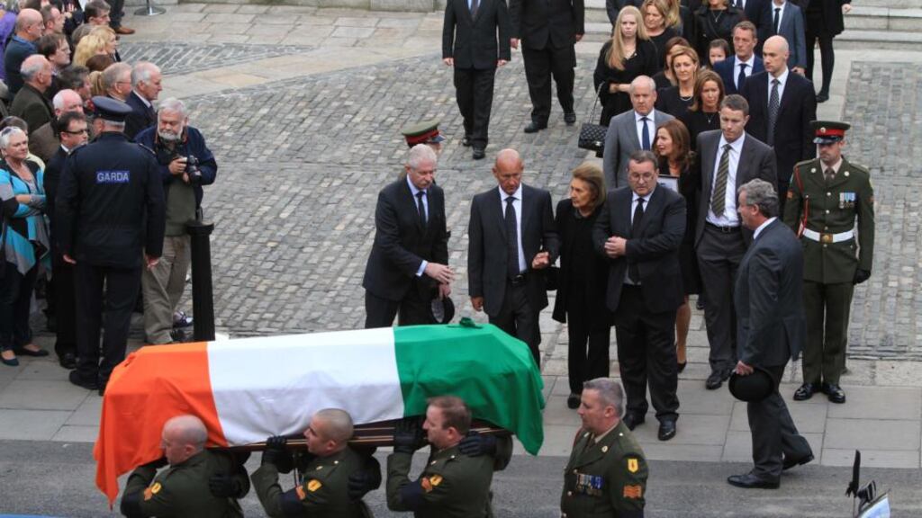 The removal of the remains of former taoiseach Albert Reynolds from the Mansion House in Dublin this evening. Photograph: Nick Bradshaw