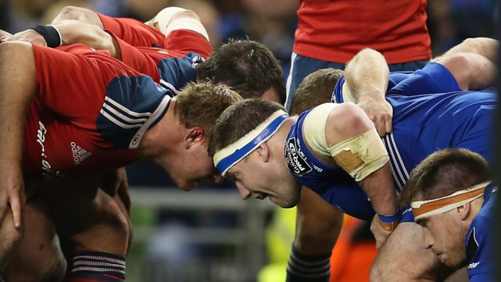 Leinster’s Michael Bent scrums down against Munster’s Stephen Archer. Photograph: INPHO/Billy Stickland