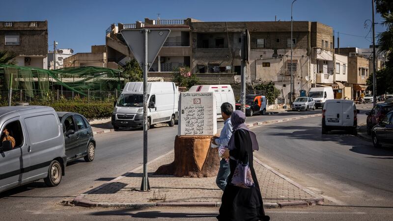 A memorial in Le Kram, Tunisia, this one erected by family members of those killed in the 2011 uprising, whose names are on the plaque. Photograph: Ivor Prickett/New York Times