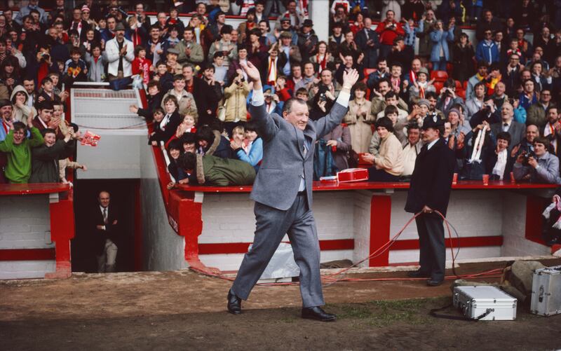 Liverpool manager Bob Paisley celebrates Liverpool's win over Aston Villa in May 1983. Photograph: Getty Images