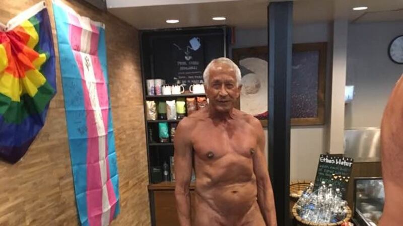 I was in town to give a reading from my new book, Naked, and two naked men walked into Starbucks right behind me. I asked one of the men if I could take his picture, and he consented.