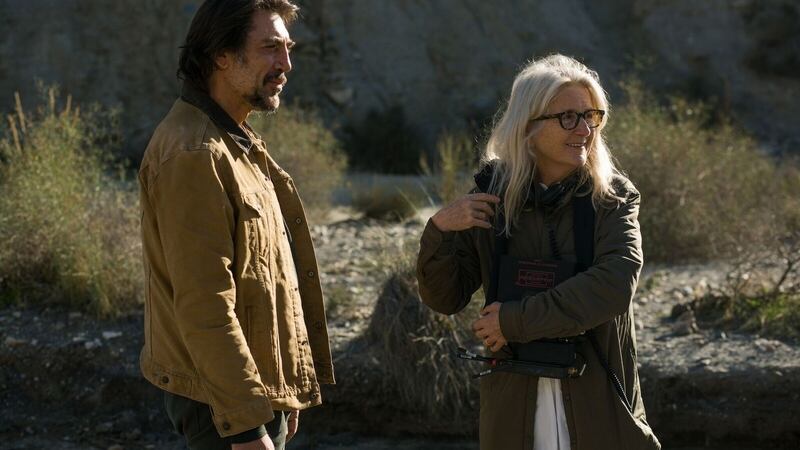 Javier Bardem and director Sally Potter on the set of The Roads Not Taken. Photograph: Jeong Park / Bleecker Street