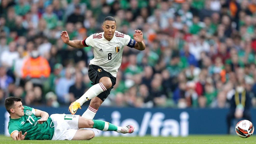 Ireland’s Jason Knight tackles Belgium’s Youri Tielemans during the friendly international at the Aviva Stadium in March 2022. Photograph: Laszlo Geczo/Inpho