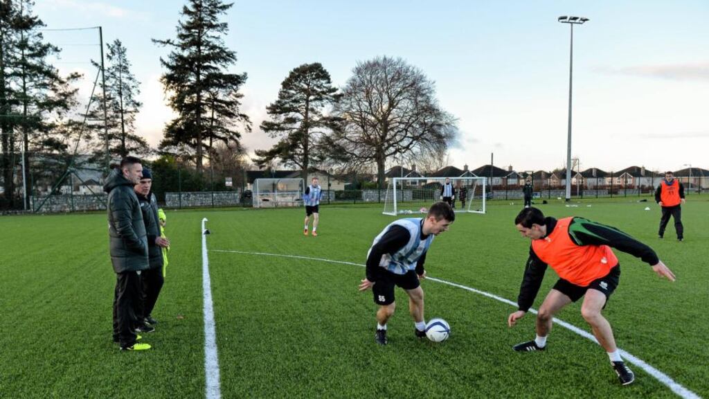 Republic of Ireland skipper Robbie Keane with Tom O’Connor, FAI course co-ordinator, during an FAI/Uefa A coaching licence course at the Institute of Technology, Carlow. Photograph: Matt Browne/Sportsfile