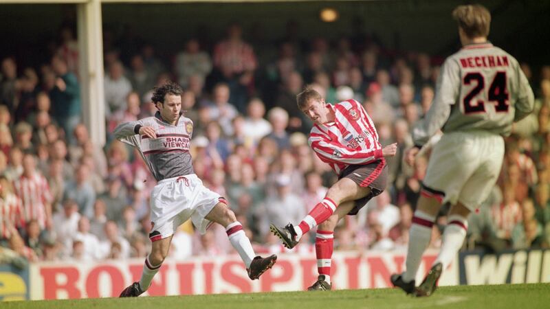 Manchester United’s grey kit caused problems during their clash with Southampton in 1996. Photograph: Getty Images