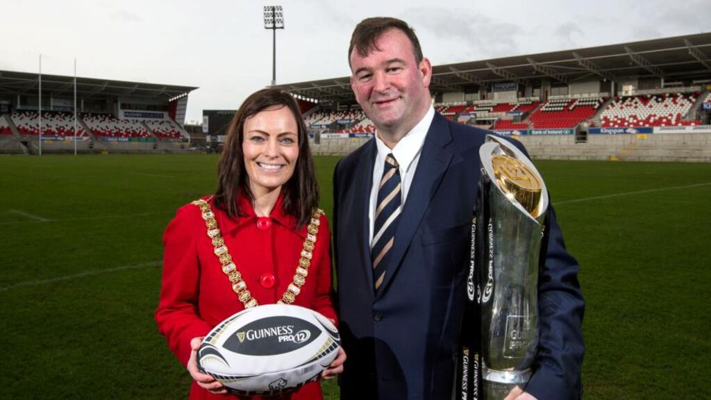 Lord Mayor of Belfast Nichola Mallon and Pro12 chief executive John Feehan. Feehan said “I am certain that we will sell it out even if there is no Irish team in the final, although, frankly I’d be quite surprised if there wasn’t”. Photograph: INPHO/Cathal Noonan