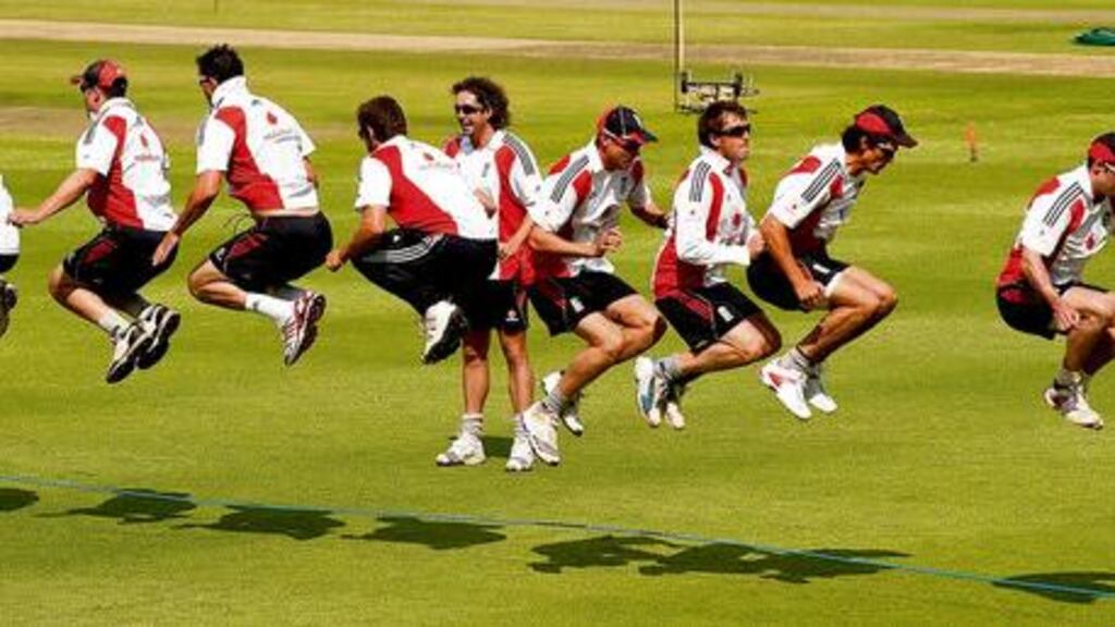 England players engage in a collective skipping exercise during a nets session at Newlands, Cape Town, South Africa yesterday. England lead the series against South Africa 1-0 with two to play after their innings victory in Durban.
