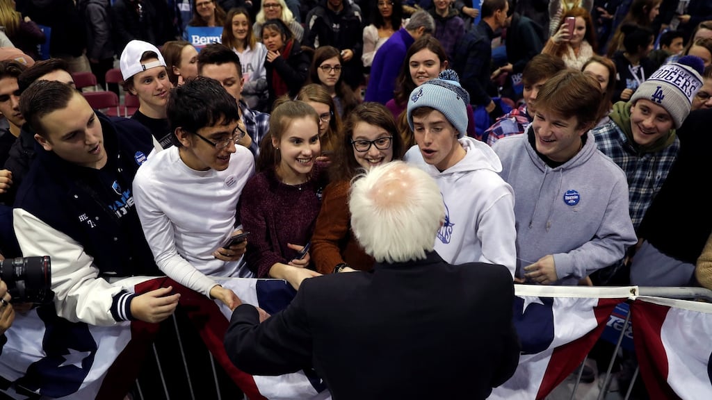 Democratic US presidential candidate Senator Bernie Sanders greets students at a campaign rally in Rindge, New Hampshire. Photograph: Mike Segar/Reuters