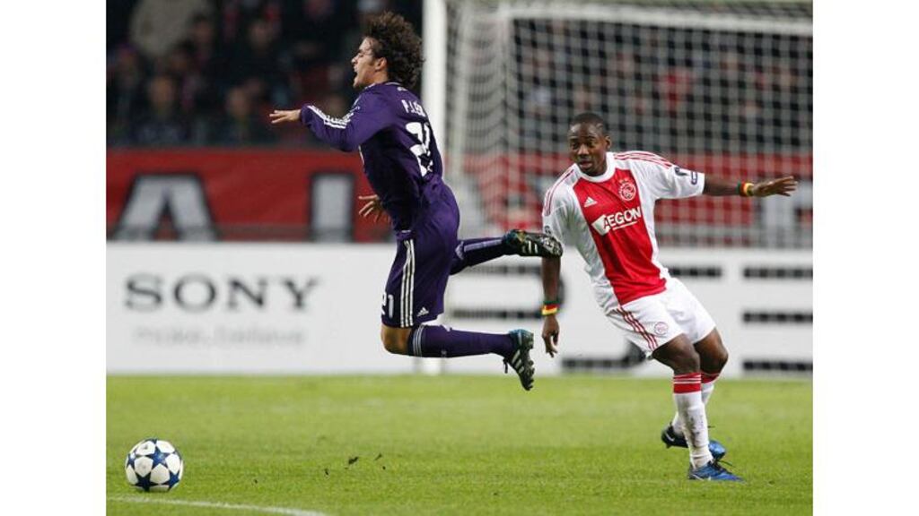 Real Madrid's Pedro Leon takes at theatrical tumble during his side’s win in Amsterdam this evening. Photograph: Michael Kooren/Reuters