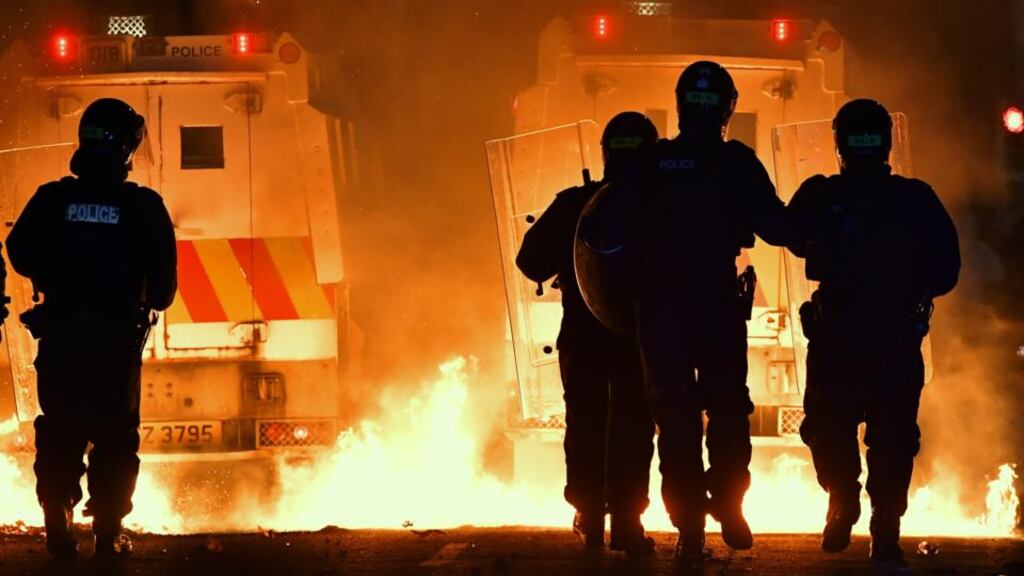Loyalists clash with police during a protest against the Northern Ireland Protocol in Belfast on Wednesday night. Photograph: Charles McQuillan/Getty Images