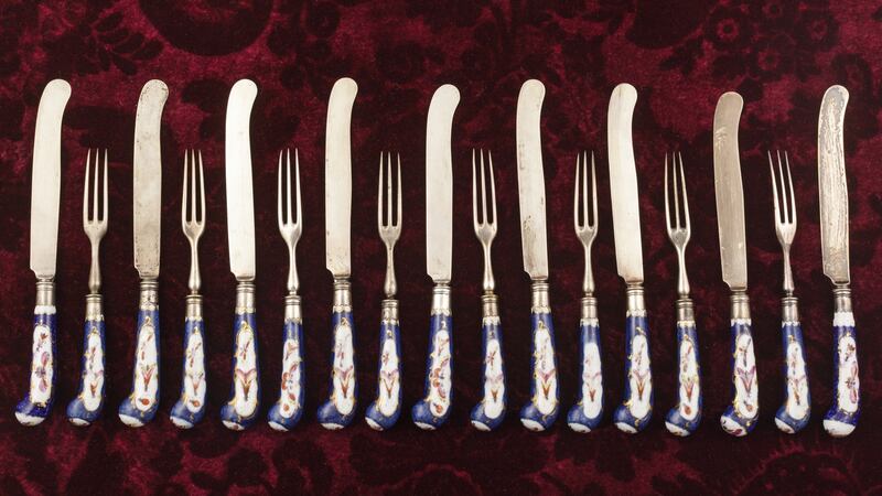 Group of silver knives and forks with soft-paste porcelain handles from the  Cobbe Collection. Photograph: Alexey Moskvin.