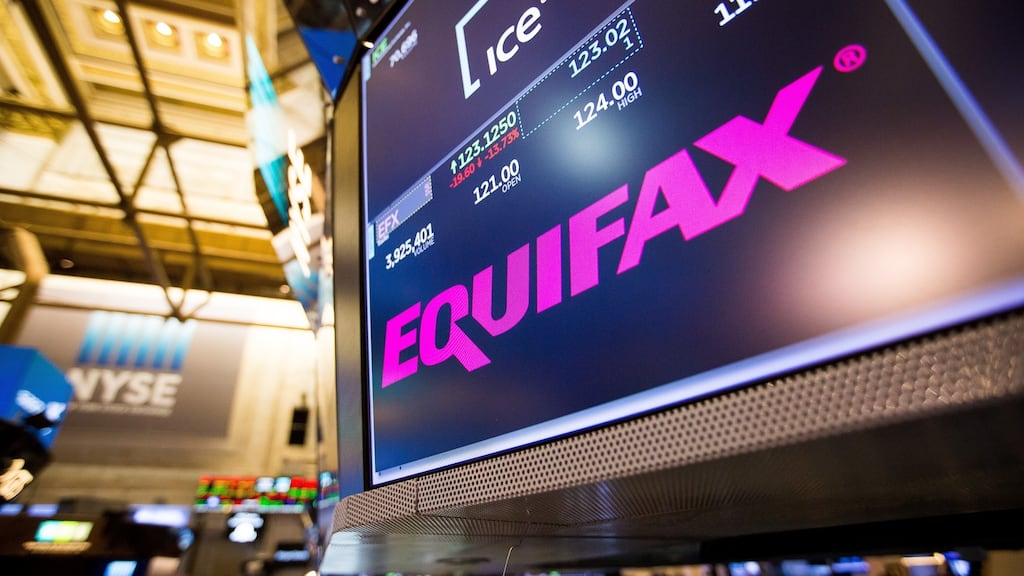 Data breach: A monitor displays Equifax signage on the floor of the New York Stock Exchange (NYSE). Photograph: Michael Nagle/Bloomberg