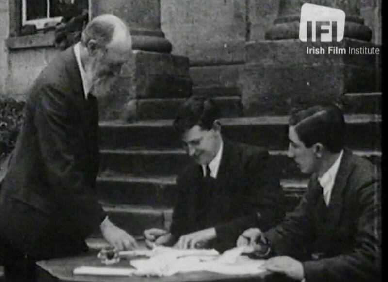 Michael Collins, then the provisional Irish government’s minister for finance, receives bond subscriptions, using the stump where Robert Emmet was beheaded as a desk. The still is from a promotional video used during the crowdfunding campaign