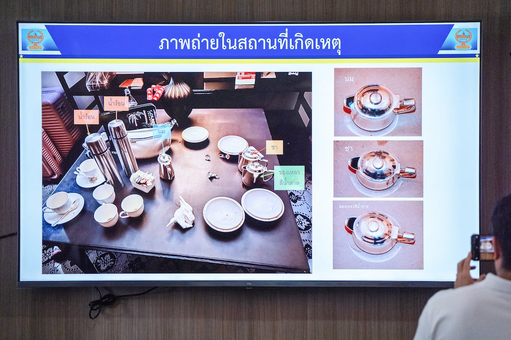 Images of drinks left in the room where six people died in a Bangkok hotel are shown at a police press conference. Photograph: Chanakarn Laosarakham/AFP/Getty Images