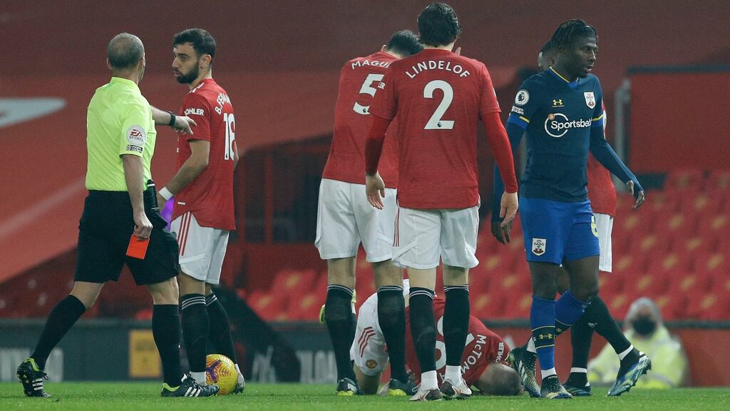 Southampton’s Alex Jankewitz leaves the pitch after being shown a red card following a foul on Manchester United’s Scott McTominay during the Premier League match at Old Trafford. Photo: Phil Noble/PA Wire