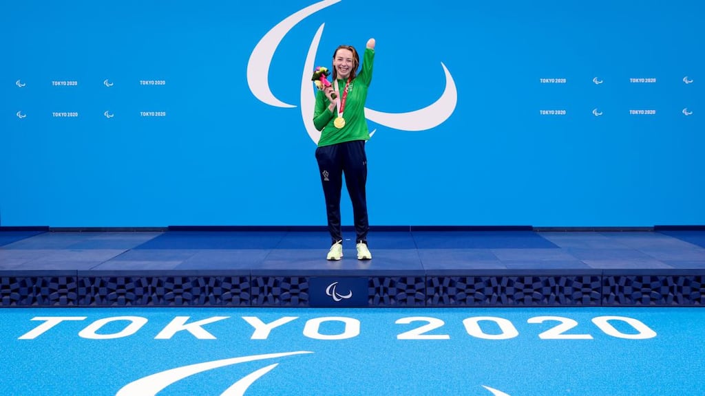Ellen Keane celebrates with her gold medal in Tokyo. Photograph: Tommy Dickson/Inpho