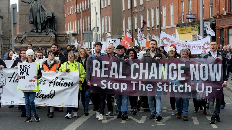 Around 300 people people participated in a protest entitled Stop the Fine Gael/Fianna Fáil Stitch-Up in Dublin on Saturday. Photograph: Alan Betson/The Irish Times.