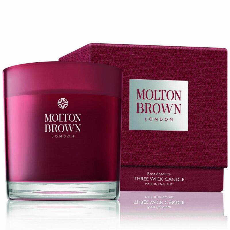 Molton Brown Rosa Absolute three-wick candle, Kildare Village, €46.