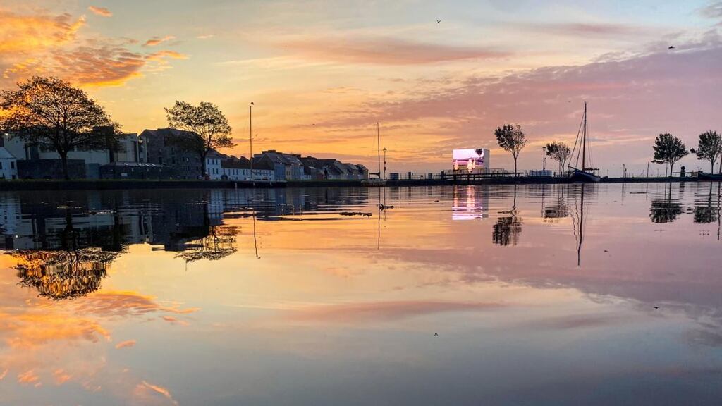 Galway International Arts Festival: sunrise at John Gerrard’s Mirror Pavilion: Corn Work, at Claddagh Quay in 2020. Photograph: Emilija Jefremova