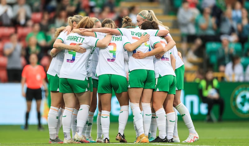 The Ireland team celebrate after scoring against Zambia in a friendly game at Tallaght Stadium. Photograph: Evan Treacy/Inpho