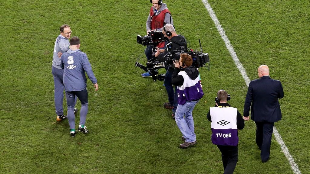 Ireland Manger Martin O’Neill celebrates with Roy Keane after the game. Photograph: Ryan Byrne/Inpho