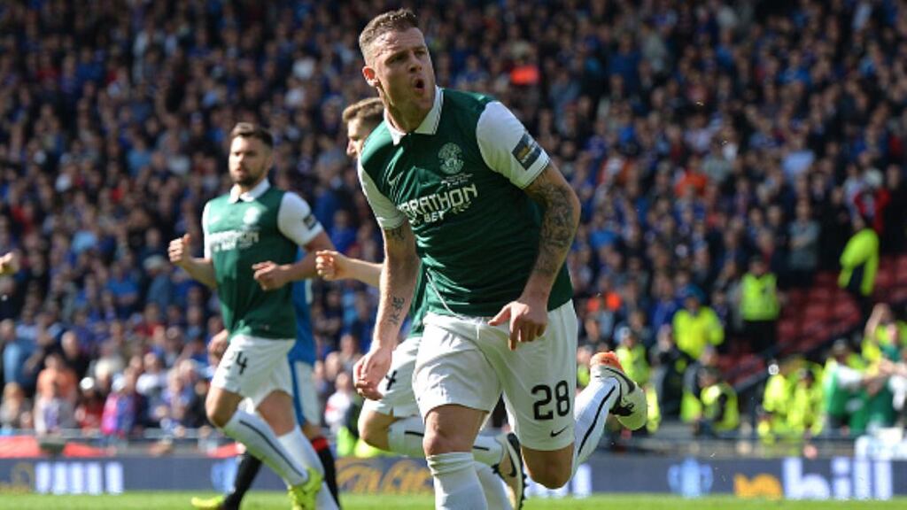 Anthony Stokes celebrates scoring in the 2016 Scottish Cup final for Hibernian. File photograph: Getty Images
