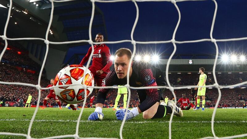 Marc-Andre Ter Stegan fails to stop Wijnaldum socring the second. Photo: Clive Brunskill/Getty Images