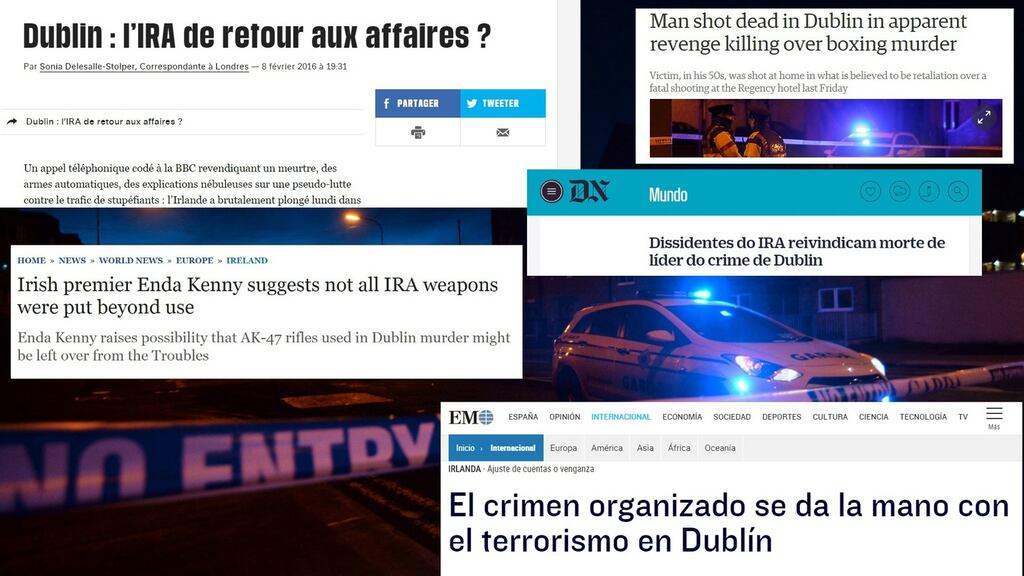 International media outlets report on recent shootings in Dublin. Photograph: El Mundo/Libération/The Telegraph/The Guardian/Diario De Noticias/AFP
