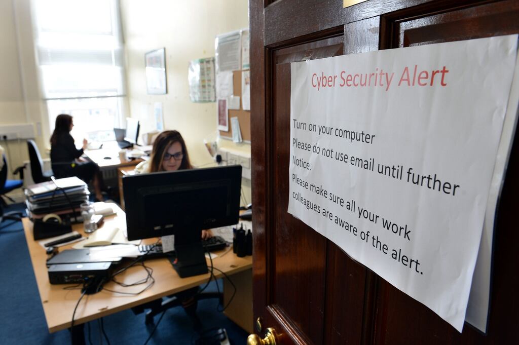 A cyber-security notice at Dr Steevens' Hospital in Dublin in the wake of the ransomware attack on the HSE. Photograph: Dara Mac Dónaill