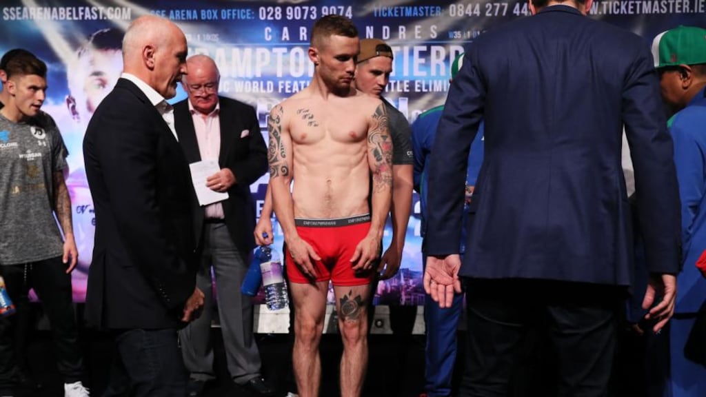Carl Frampton on the scales during the weigh-in at the Europa Hotel, Belfast. Photograph: PA