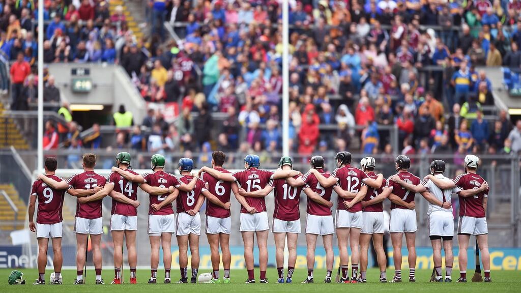 Galway players stand for the national anthem before the semi-final against Tipperary. Can they end the long wait since 1988? Photograph: Tommy Grealy/Inpho