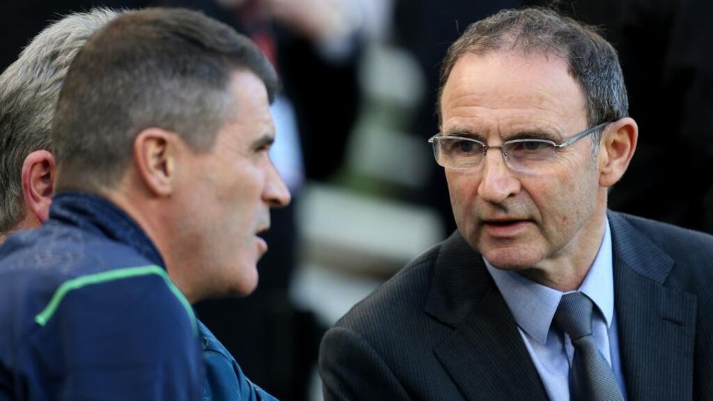 Republic of Ireland manager Martin O’Neill (right) revealed that Keane had talked to him a couple of weeks back about the difficulty he was experiencing as he tried to juggle both roles and welcomed that he had decided to stick with the Irish job. Photograph: Ryan Byrne/Inpho