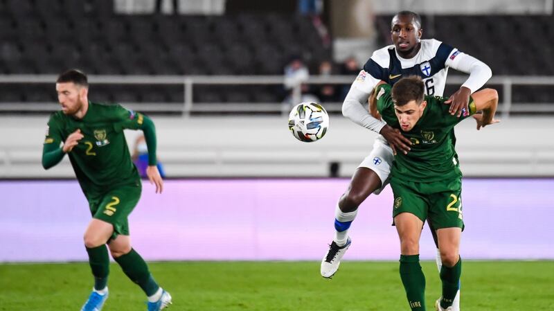 Finland’s Glen Kamara in action against Jayson Molumby of the Republic of Ireland during the Uefa Nations League game at the Olympic Stadium in Helsinki. Photograph: Kimmo Brandt/EPA