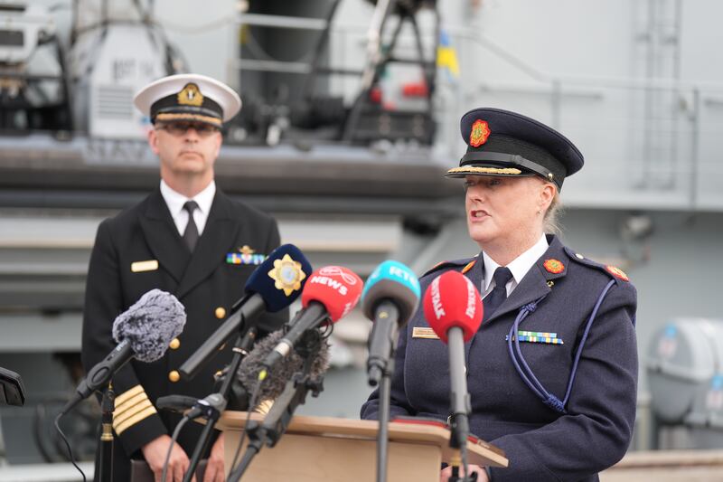 Captain Darragh Kirwan, head of Naval Service Operations (left), and Garda Assistant Comissioner Angela Willis during a briefing at Haulbowline Naval Base in Cork on Saturday. Photograph: PA
