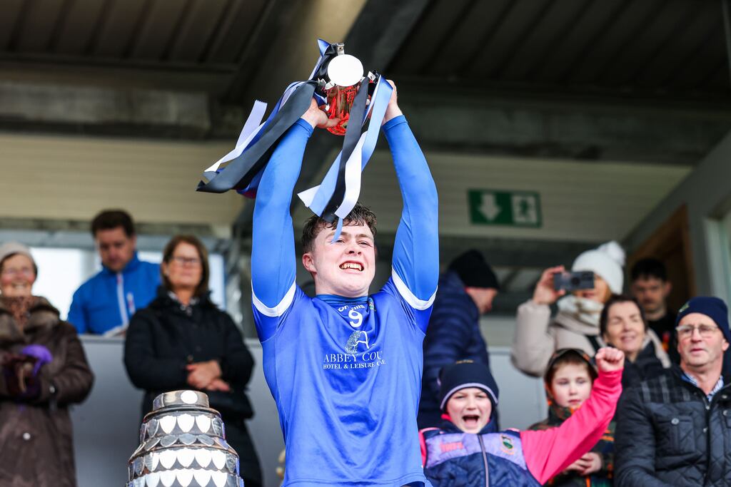 Darragh McCarthy of CBS Nenagh lifts the Dr Harty Cup. Photograph: Natasha Barton/Inpho