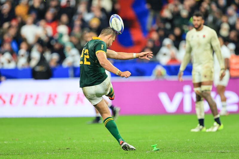 South Africa’s Handre Pollard having fun in the dying moments of the Rugby World Cup semi-final. Photograph: Billy Stickland/Inpho