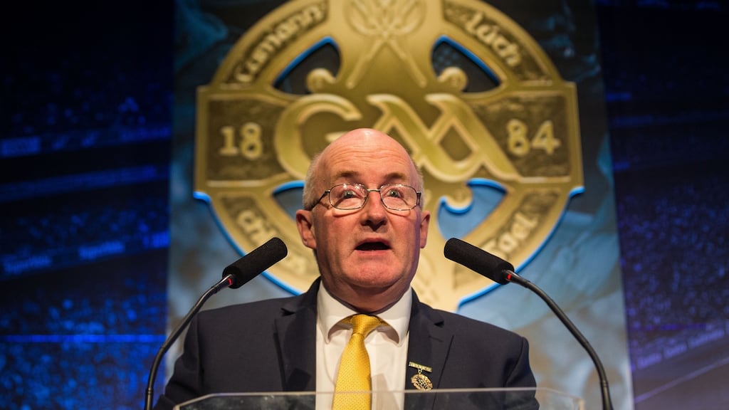 John Horan, newly elected president of the Gaelic Athletic Association, gives his inaugural speech to congress as president. Photograph: Oisín Keniry/Inpho