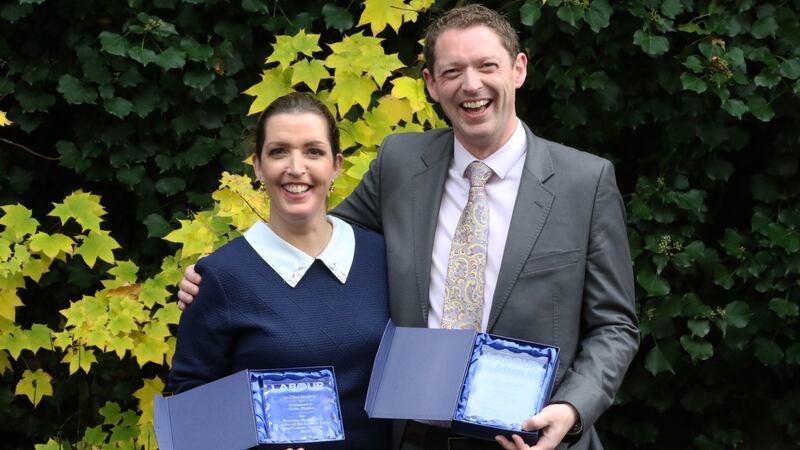 Vicky Phelan and Stephen Teap were presented with the Jo Cox Award by Labour Women in the UK. Photograph: Nick Bradshaw/The Irish Times