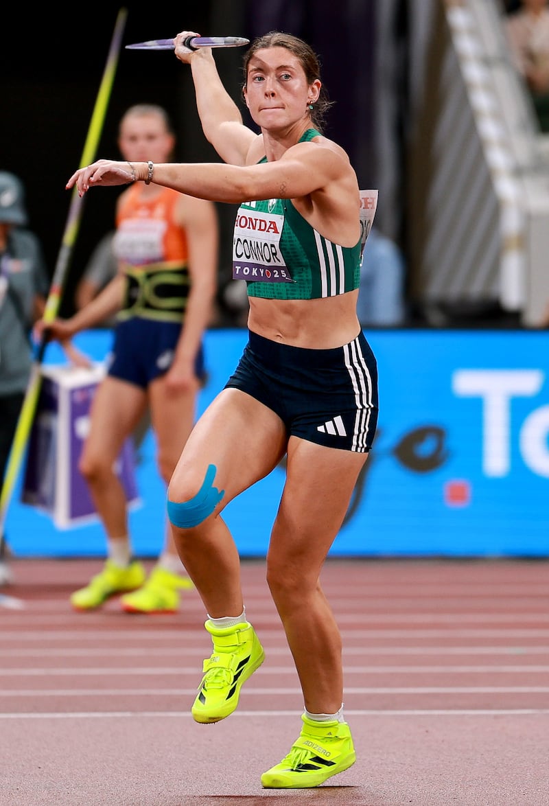 Ireland’s Kate O’Connor during the javelin. Photograph: Morgan Treacy / Inpho
