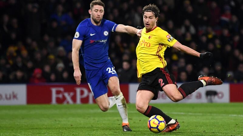 Daryl Janmaat scores Watford’s second goal during the Premier League match against Chelsea at Vicarage Road. Photograph: Michael Regan/Getty Images