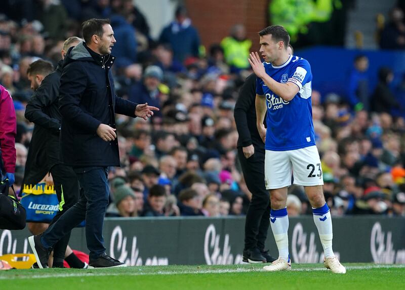 Everton's Séamus Coleman receives instructions from manager Frank Lampard during at Goodison Park in January 2023. Photograph: Peter Byrne/PA